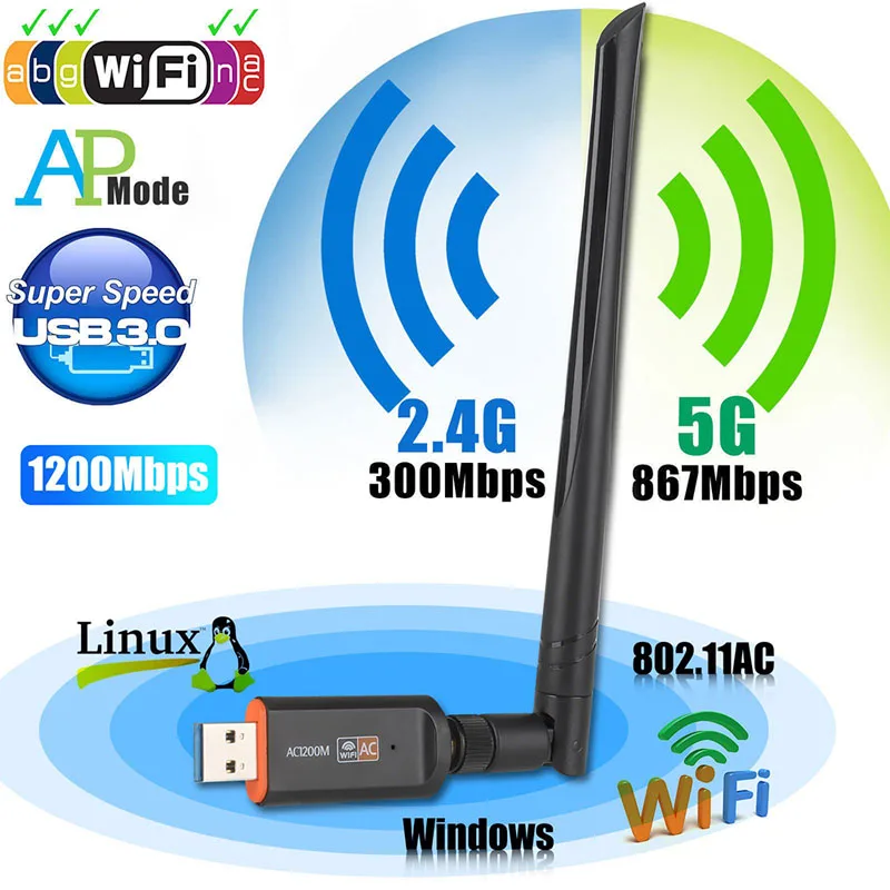 

PIX-LINK UAC13 1200Mbps USB WiFi 5G/2.4G Dual Band USB 3.0 Wireless Network Adapter 5dBi High Gain Antenna for PC Desktop Laptop
