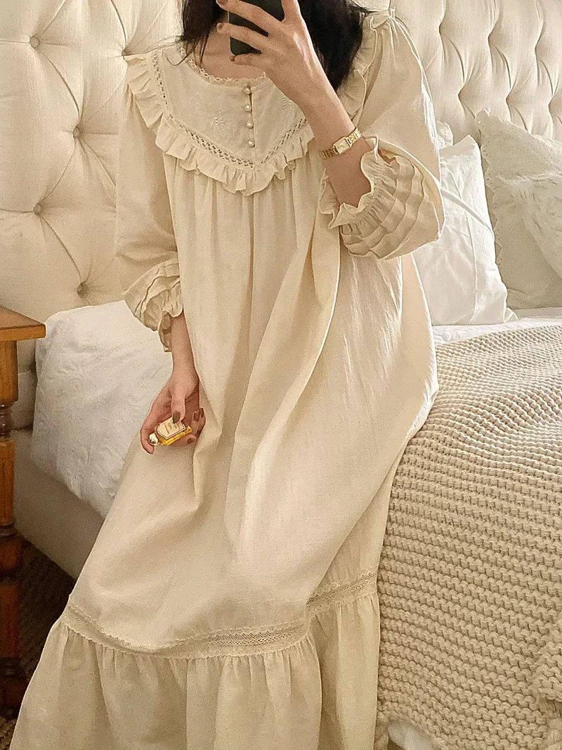 Women Victorian Sleepwear Pure Cotton Vintage Nightgowns Robe Ruffles Nightie Long Night Dress Romantic Princess Nightdress