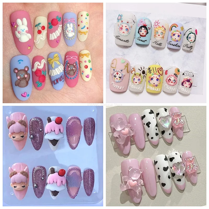 Handmade Kawaii 3D Cartoon Short False Nails Tips Y2K Press On Nails Art Long Coffin Stiletto Reusable Fake Nail With Glue Gift