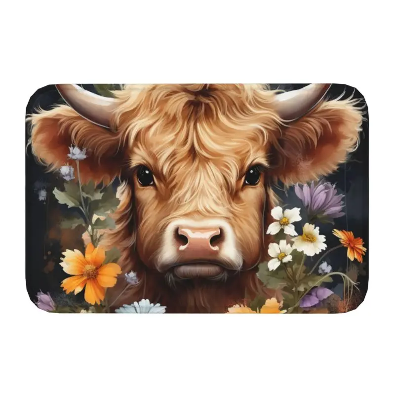 Custom Highland Cow And Floral Doormat Non-Slip Entrance Bathroom Kitchen Door Floor Mat Bedroom Balcony Carpet Rug