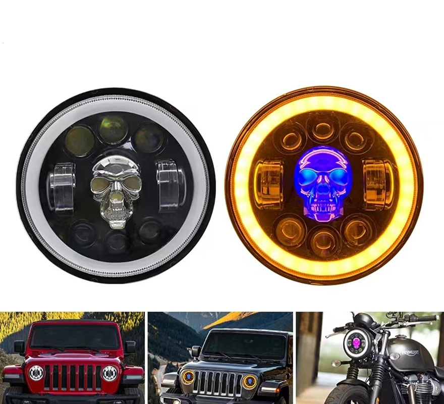 Pop Night Knight Motorcycle 5.75 Inch LED Headlight For Harley Touring Sportster 883 XL883 Street DRL Projector Round Skull Head