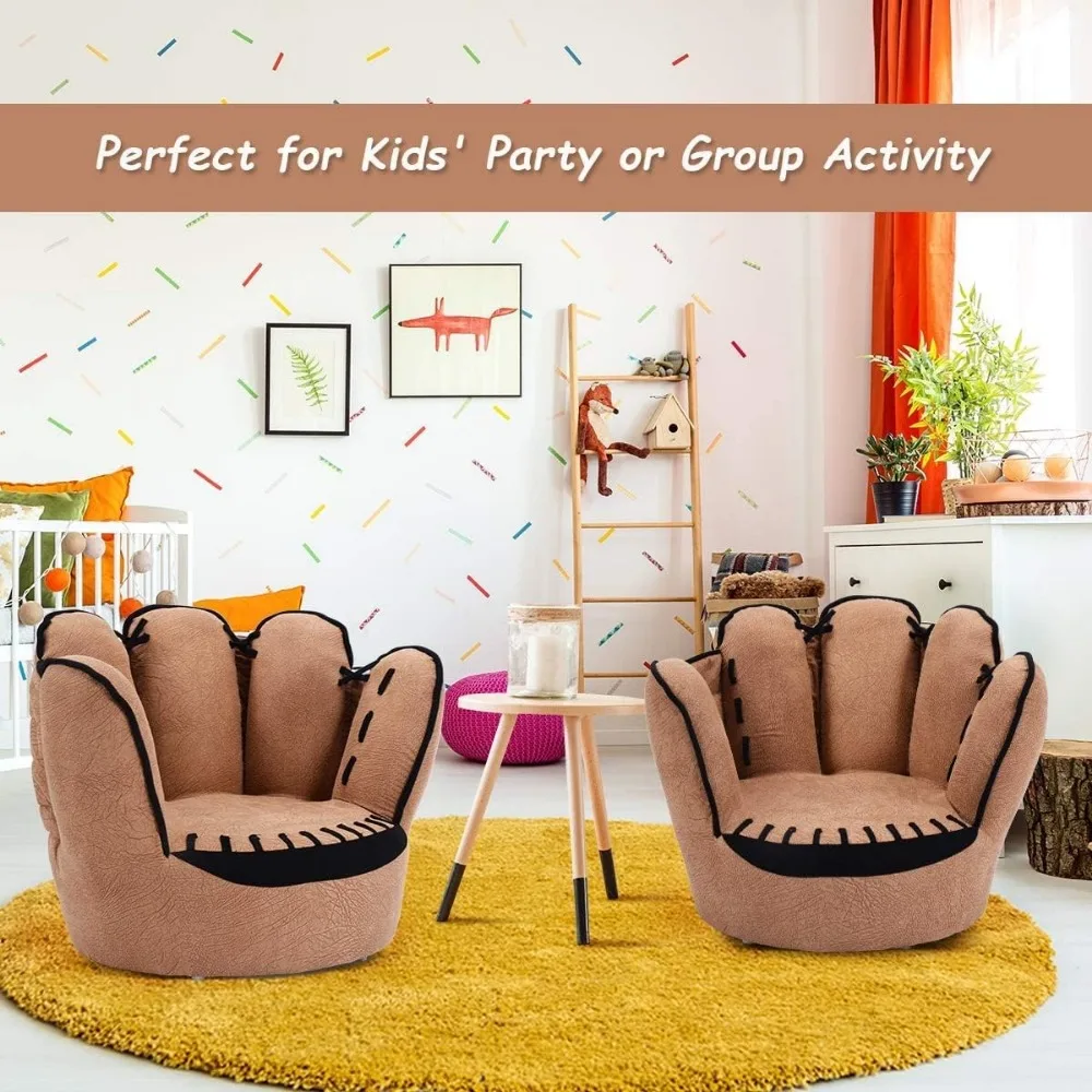 Children's sofa Wooden upholstered toddler armchair, Boys and girls armchair in the shape of a baseball glove, brown