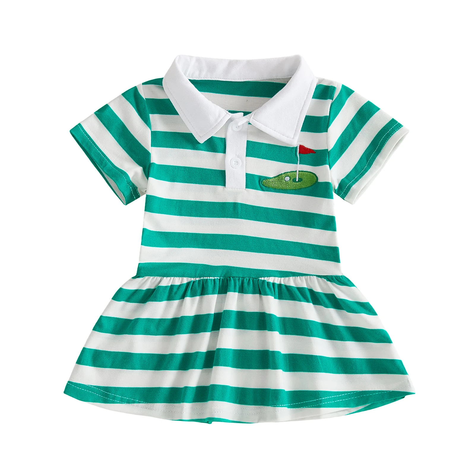 

Toddler Girl Summer Stripe Dress Golf Embroidery Lapel Short Sleeves A Line Dress