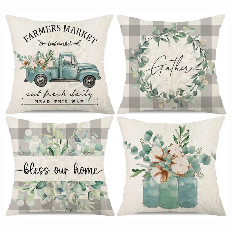 

Spring Pillow Covers 18X18 Set Of 4 Farmhouse Throw Pillow Spring Decorations Buffalo Plaid Cushion Case For Home Decor