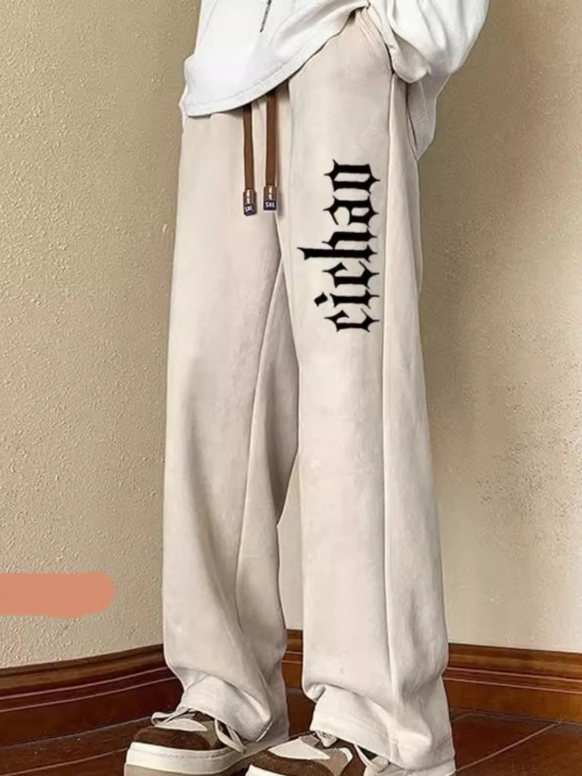 

Осень-зима, большой размер 300, свободные замшевые брюки с принтом, прямые брюки, мужские модные спортивные длинные брюки с широкими штанинами