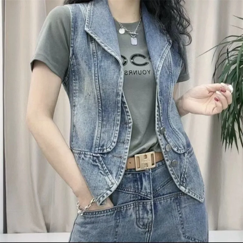 Casual feminino topos feminino denim colete primavera outono roupas sem mangas jaqueta único breasted curto coletes 4xl chaleco mujer