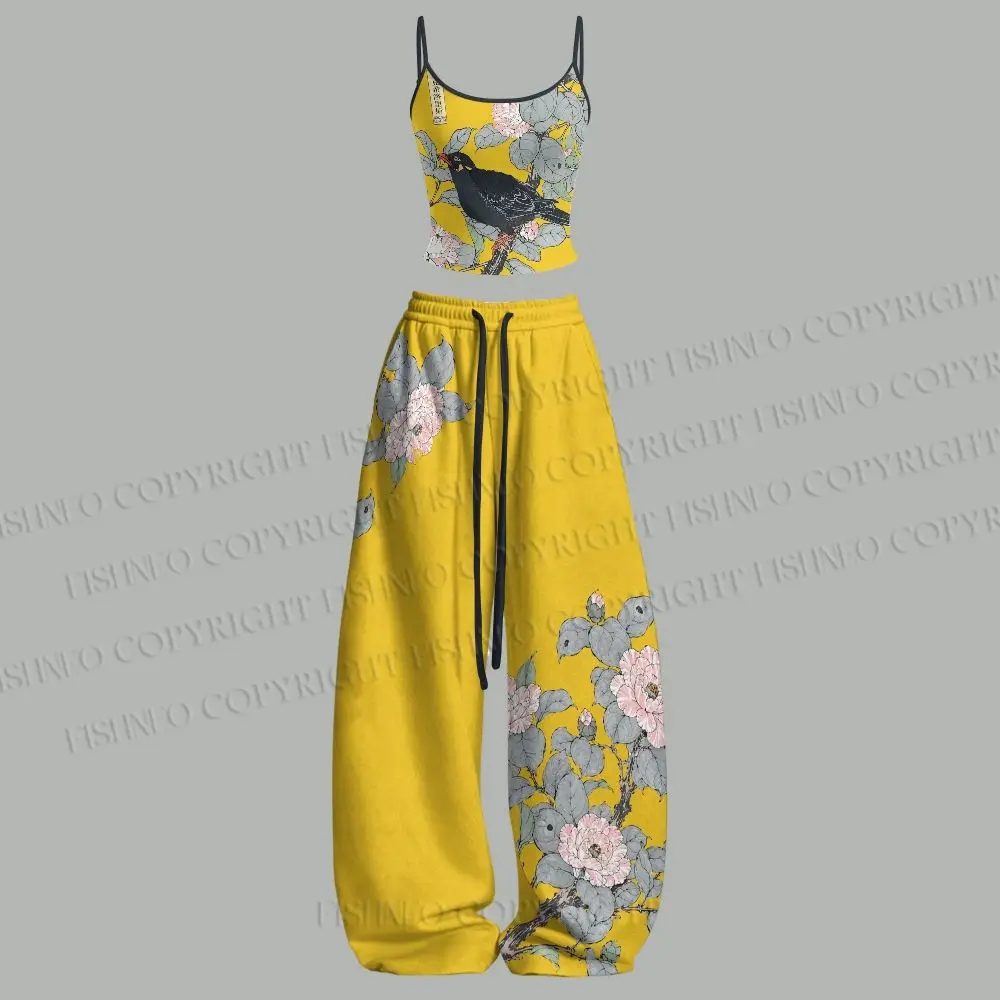 Vintage Bird in Flowers Top Elasticated Trousers Two Piece Set Outfit Yoga Fitness Women Suit