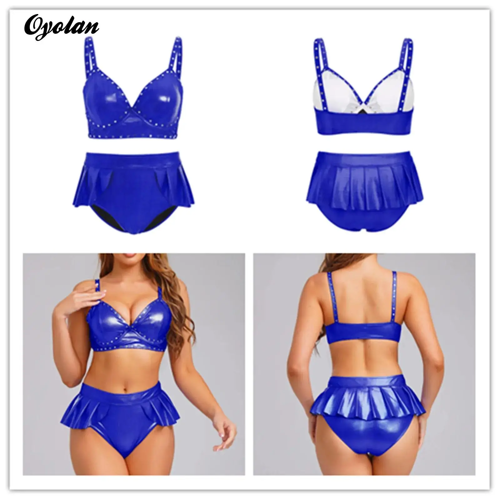 

Women's Swimsuit Metallic Halter Triangle Bikinis Sets Thong Swimsuit Padded Underwire Rivets Triangle Bra Tops And Briefs