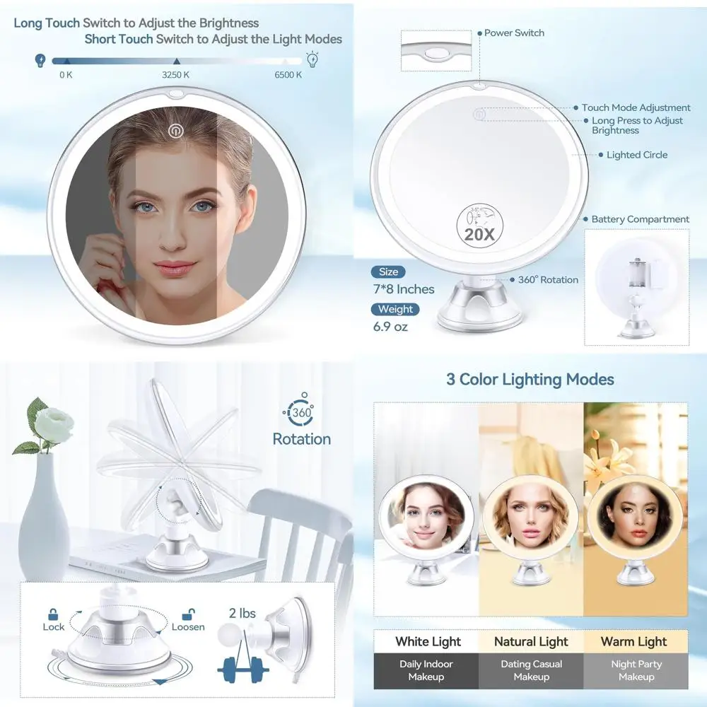 مرآة مكبرة مضيئة 20 مرة، مرآة زينة 8 أكواب شفط مع ملاقط، 360 درجة ° مرآة مكياج قابلة للدوران، 3 ألوان #1