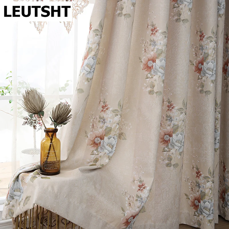 

European-style Curtains for Living dining Room Bedroom Light Luxury Luxury Beige Jacquard Embroidered valance Curtains Custom