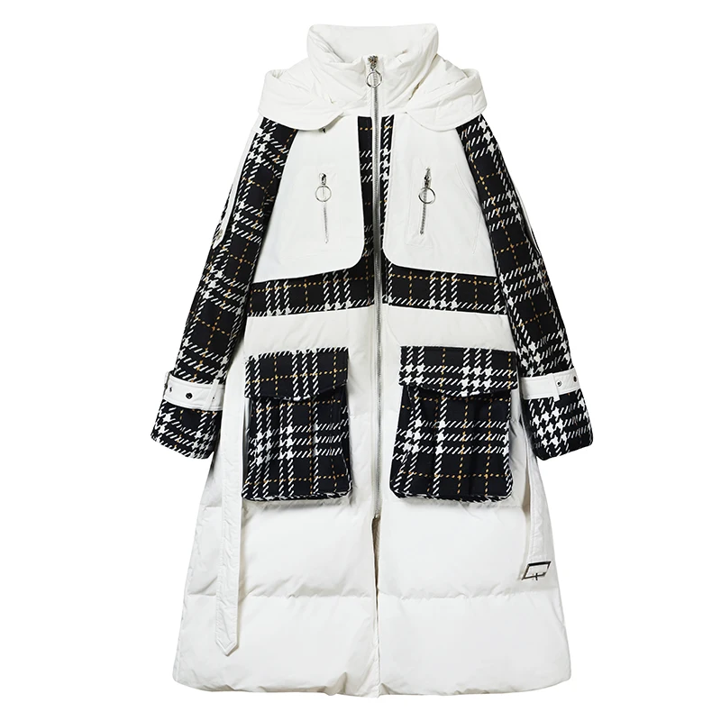 High-end White Stitching Down Jacket Women 2024 New Winter White duck down Hooded Coat With belt Female Warm Snow Outwear Parkas