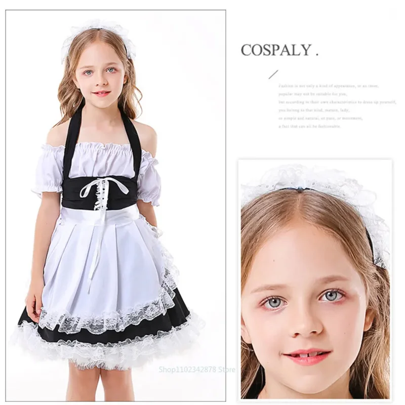 French Style Kids Lovely Maid Cosplay Costume for Girls Lolita Uniform Children Stage Performance Holder Dress Halloween Gift