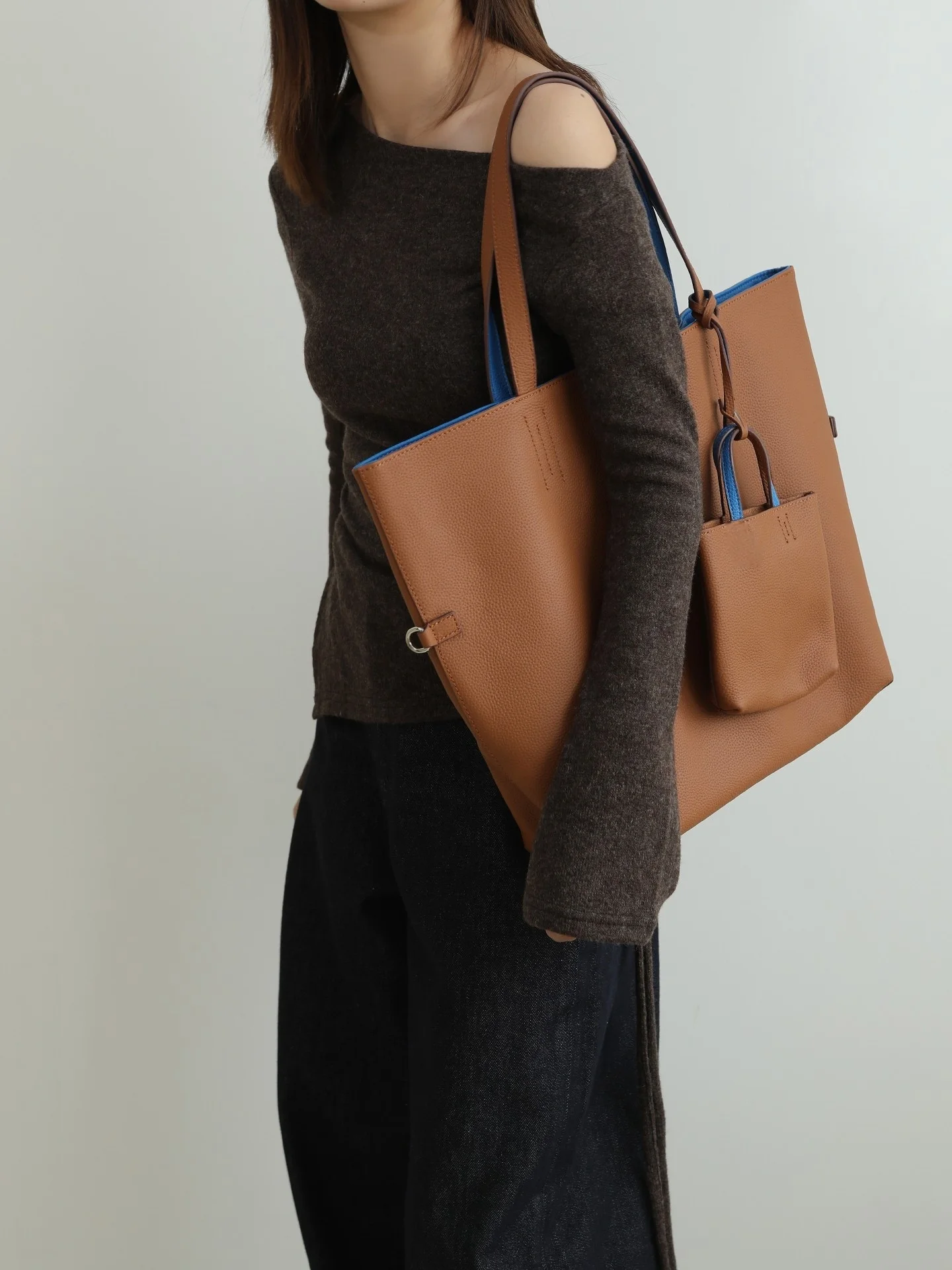 Genuine Top Grain Leather Tote Bag for Women, Contrast Color Soft Top Grain Large Shoulder Bag with Mini Pouch