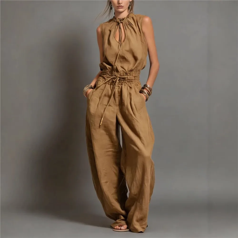 Summer Fashion Elastic Waisted Wide Leg Jumpsuit Women's Sleeveless Sexy Deep V-Neck Lace-up Loose Pockets Female Rompers 2026