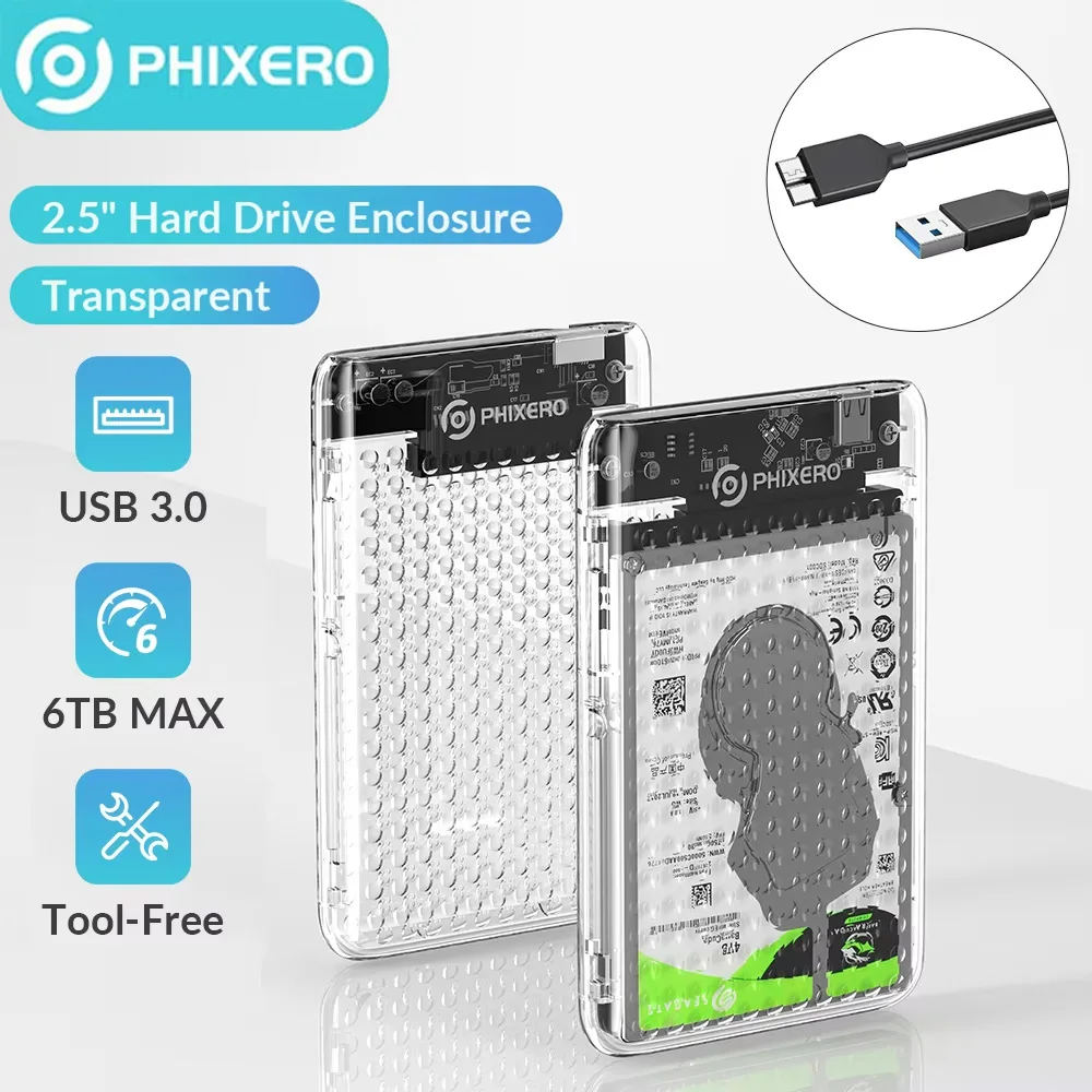 PHIXERO Transparent SATA to USB3.0 Hard Drive Enclosure 2.5 inch Type-C External HDD Case for 6TB SSD/HDD Enclosure Support UASP