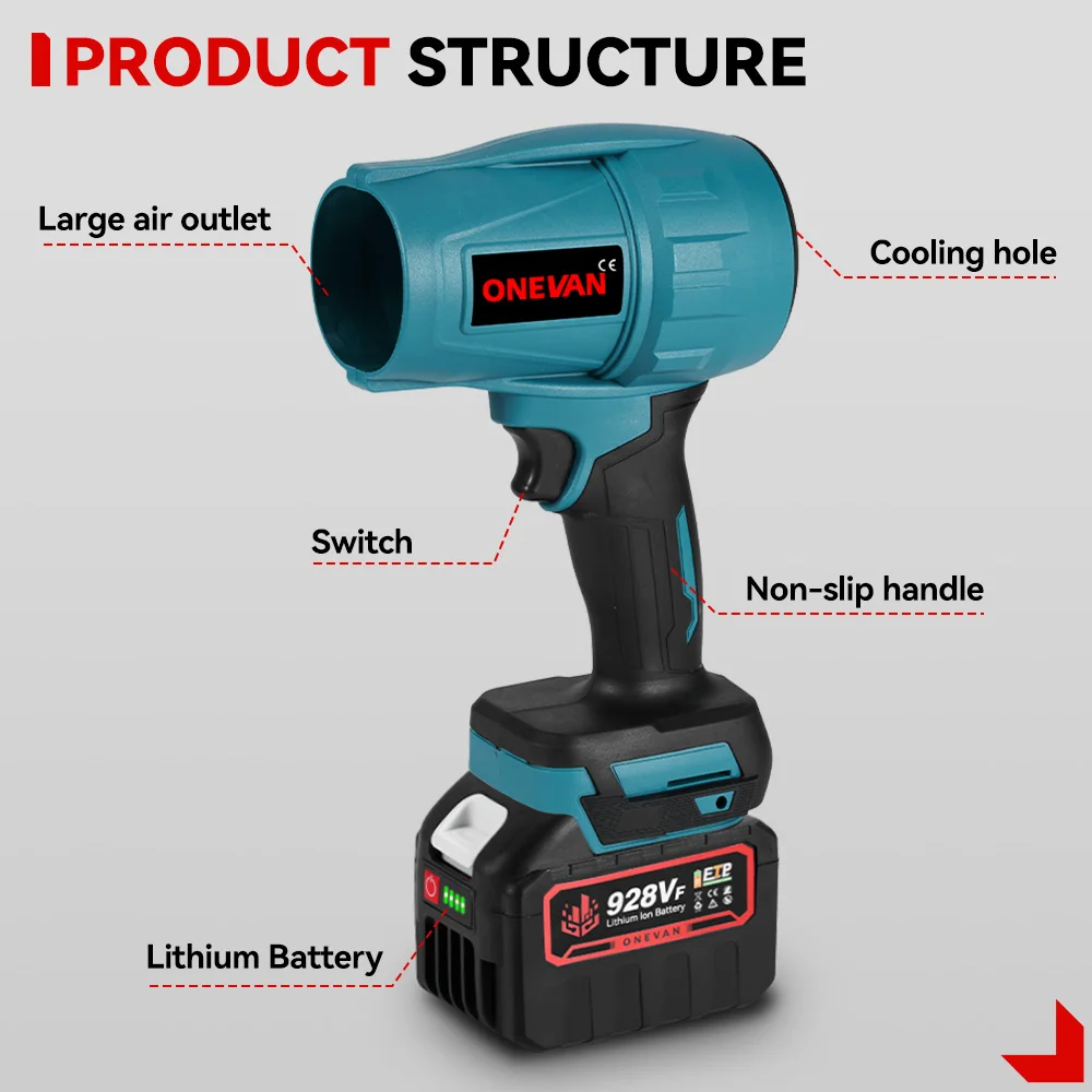ONEVAN 2000 واط 200 متر/الثانية فرش مروحة تربو كهربائية اللاسلكي ورقة منفاخ الهواء مروحة نفاثة الثلوج الغبار تهب أداة السلطة صالح بطارية 18 فولت