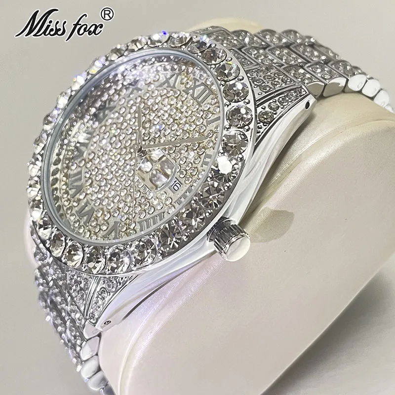 Hot Hip Hop Iced Out Watch for Mens Brand MISSFOX Fashion Bling Quartz Clocks Luxury Full Diamond Wrist Watches Man Reloj Hombre