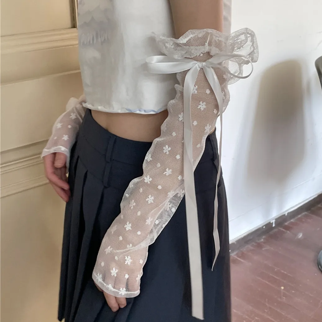 

1 Pairs Women's Gloves Korean Lace Flower Ribbons Sweet Cute Versatile Fashionable High-quality Kawaii Lolita Sleeves For Girl
