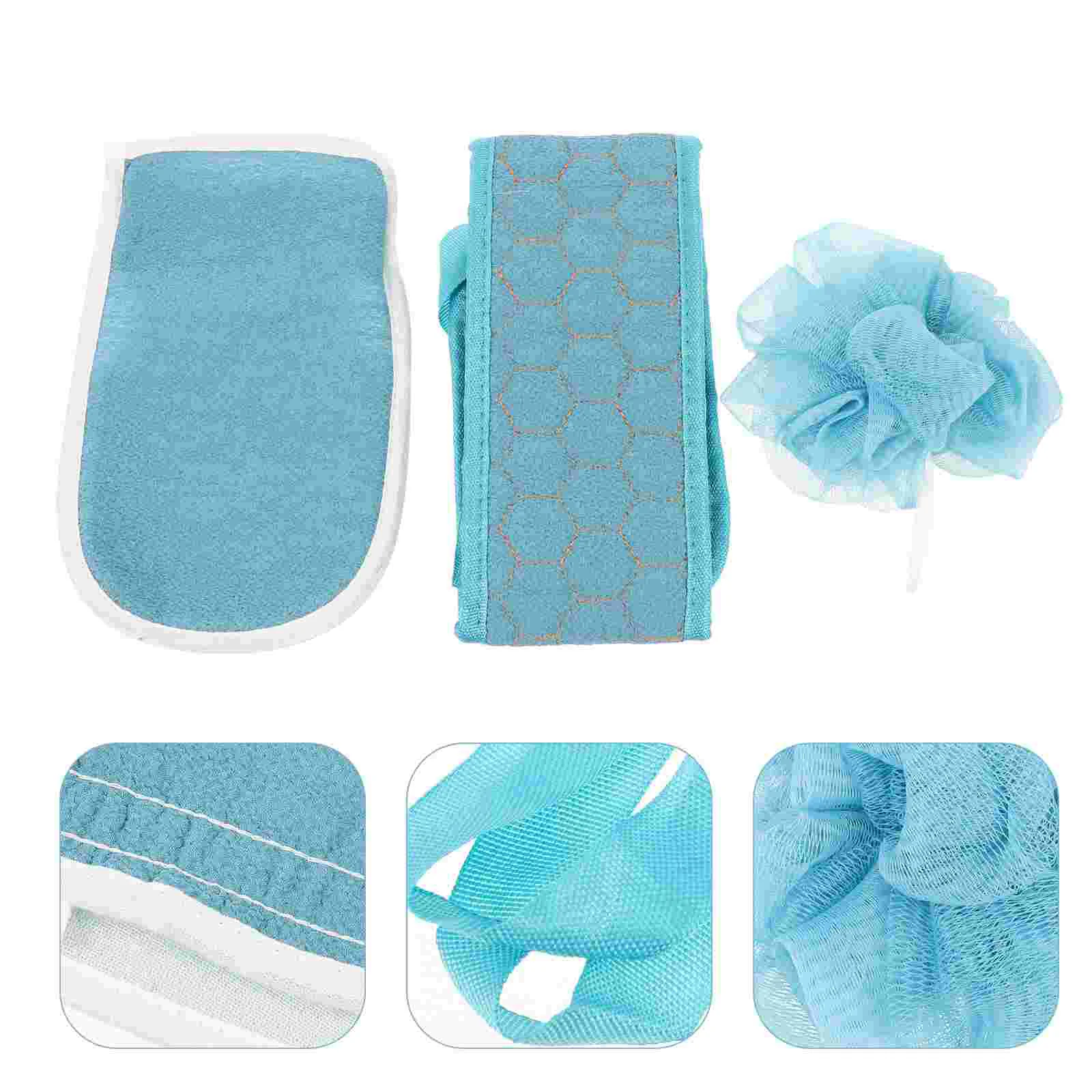 

Gloves Bath Towel Three Piece Set Scrubbing Exfoliating Back Scrubber Body Shower Sky-blue for Household Bathing Foaming Mesh