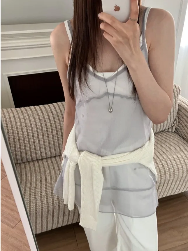 Elegant Summer Mesh Overlay Strap Vest Women's Sleeveless Top Fashion Design Casual Chic V-Neck Polyester Blend Longline