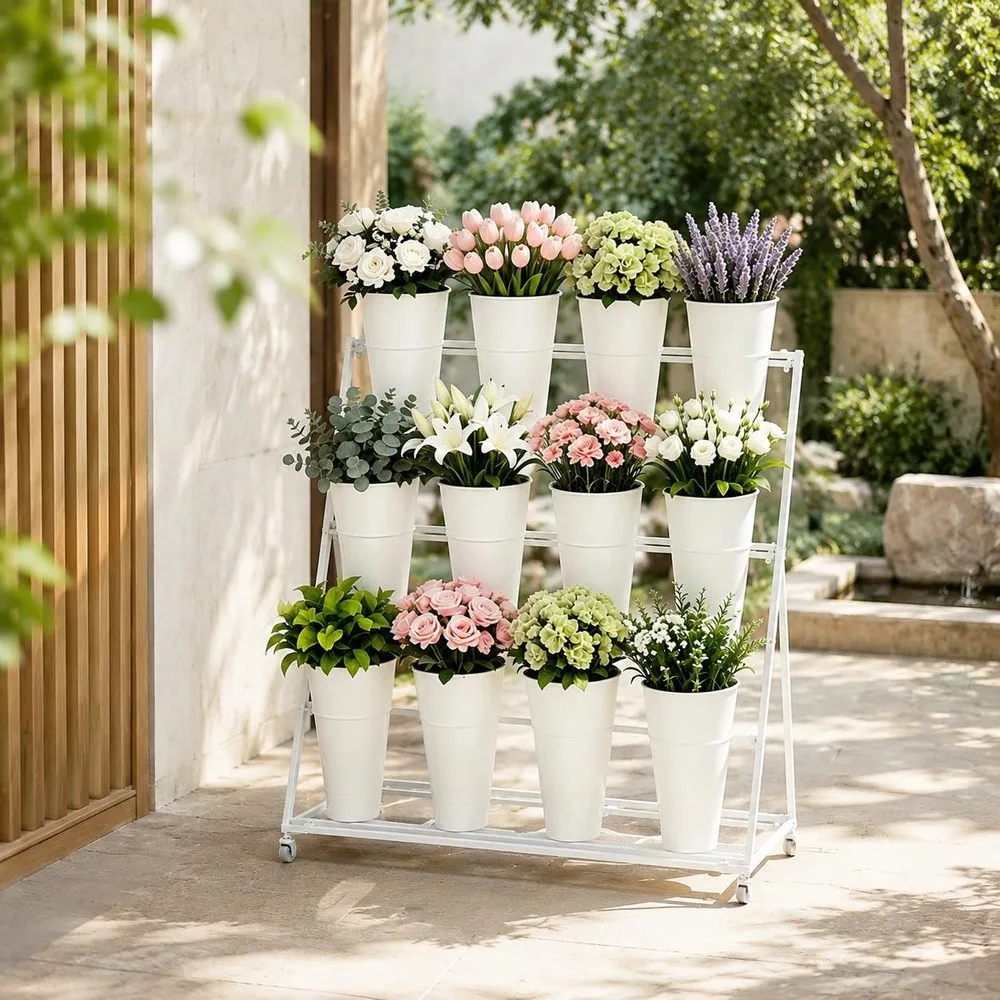 3 Tier Flower Bucket Stand with Wheels for Floral Displays