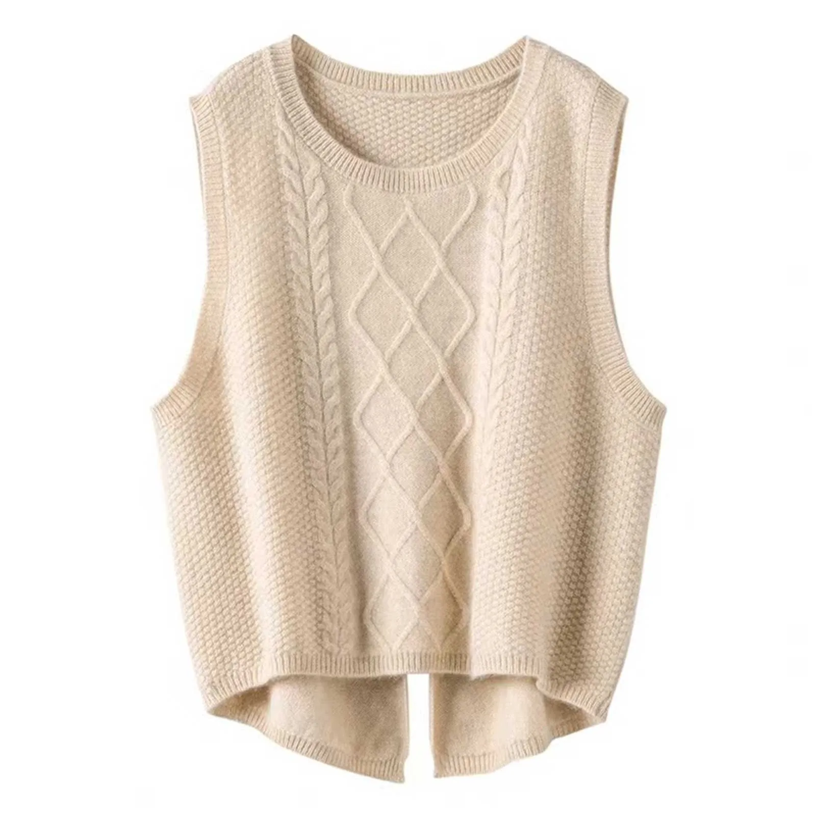 

New Women's 100% Pure Wool Round Neck Vest Chic Tuxedo Vest Autumn And Winter Sleeveless Vest Loose Short Split Knit Sweater