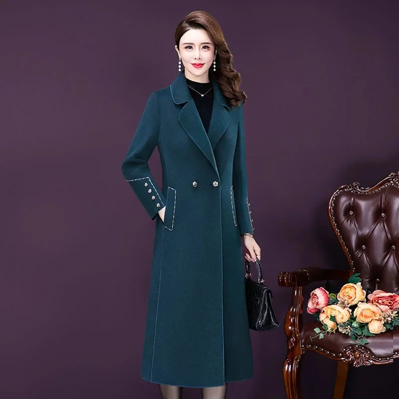 영국 스타일 여성 울 코트 우아한 슈트 칼라 더블 브레스티드 허리 타이트 롱 울 카디건 미드-캘프 길이 카디건
