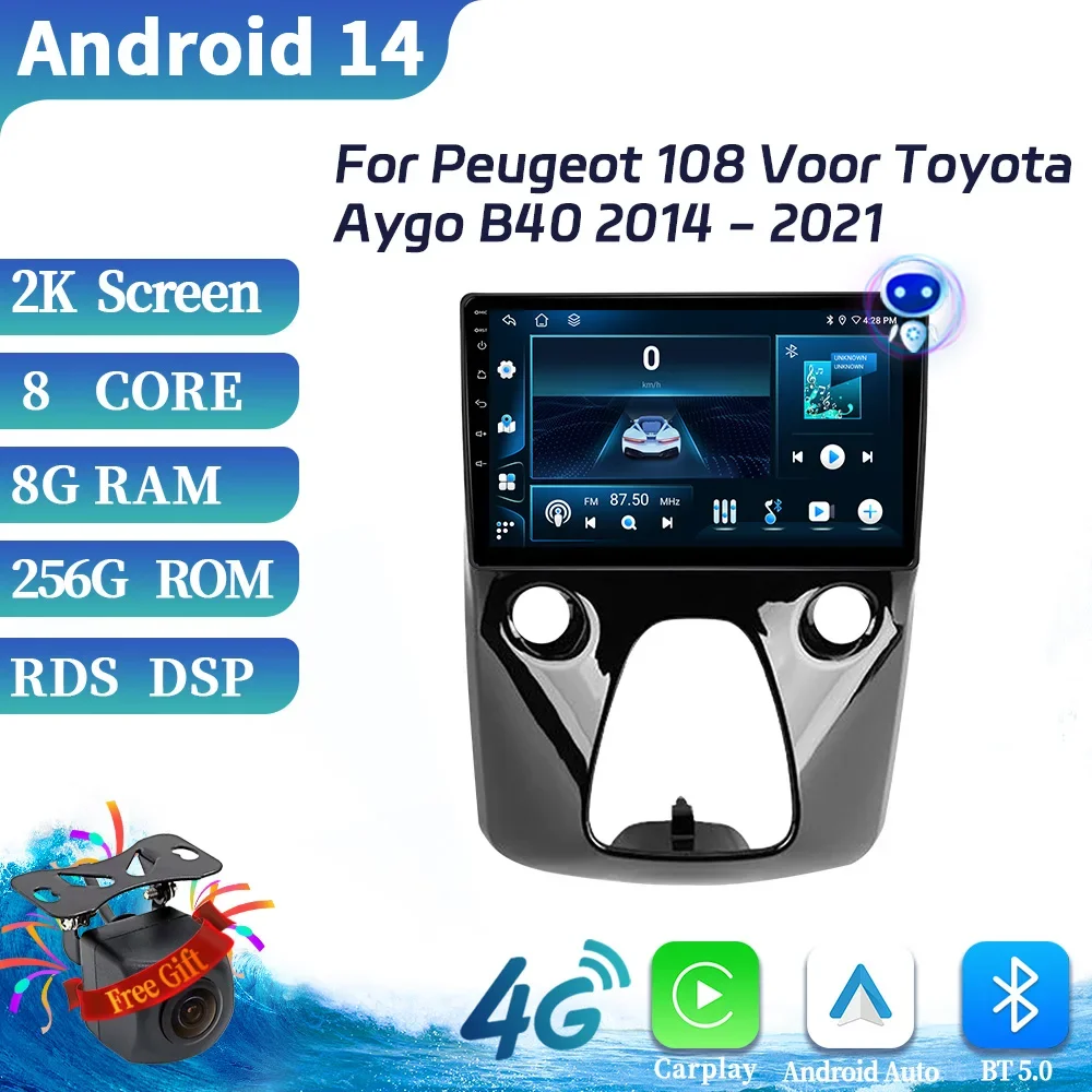 สําหรับ Peugeot 108 สําหรับ Toyota Aygo B40 2014-2021 ไร้สาย BT CarPlay วิทยุสเตอริโอเครื่องเล่นมัลติมีเดีย 4G Android หน้าจอมัลติฟังก์ชั่น