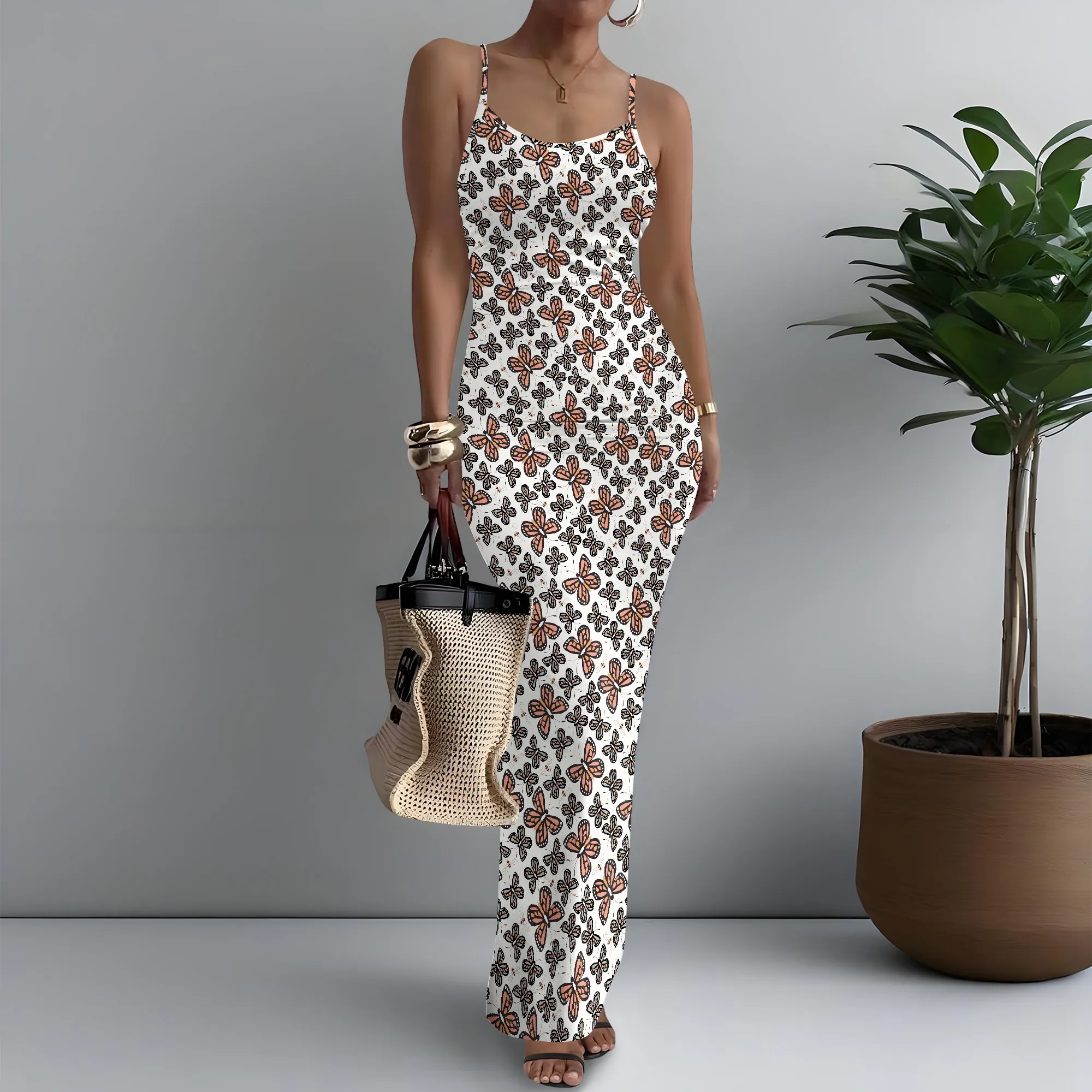 

Women's Spaghetti Strap Maxi Dress Butterfly Print Elegant Sexy XS-3XL