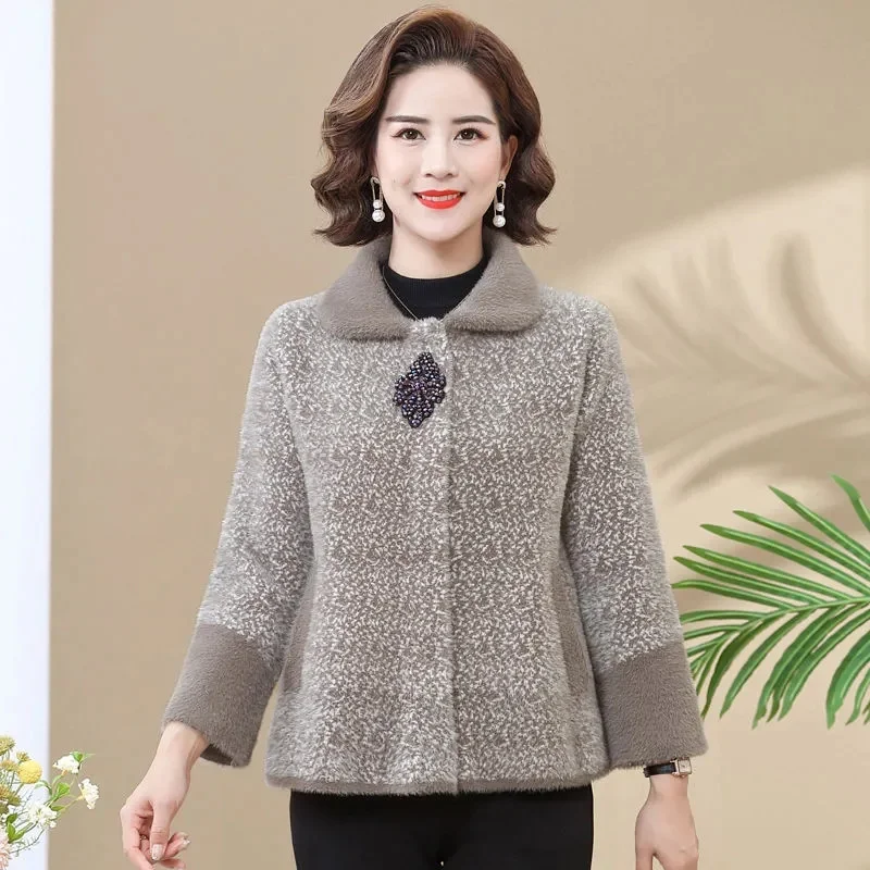 

Middle Aged Mother Knitted Sweater Coat Autumn Winter Female Imitation Mink Fur Jacket Winter Large Size 5XL Sweaters Cardigan