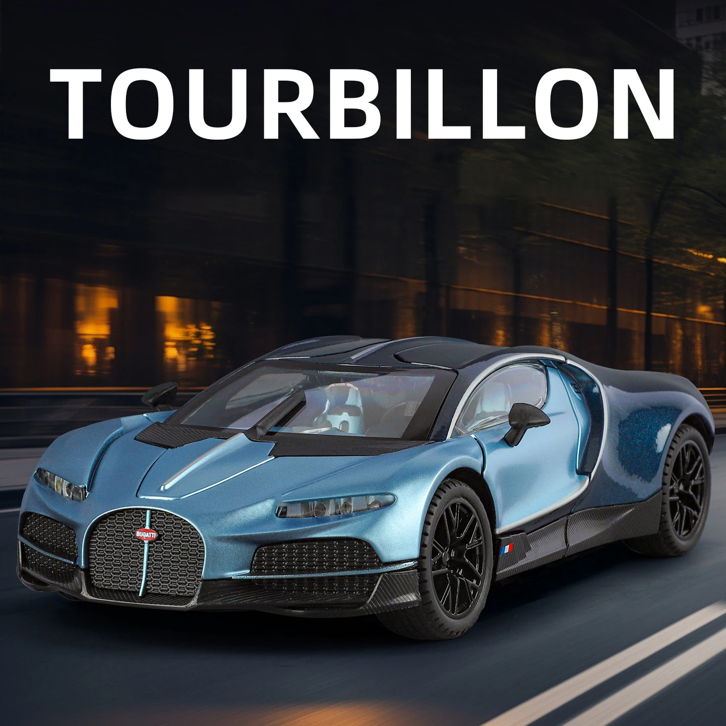 1:24 Bugatti Tourbillon supercoche de aleación modelo de coche sonido y luz tirar hacia atrás juguete para niños coleccionables regalo de cumpleaños