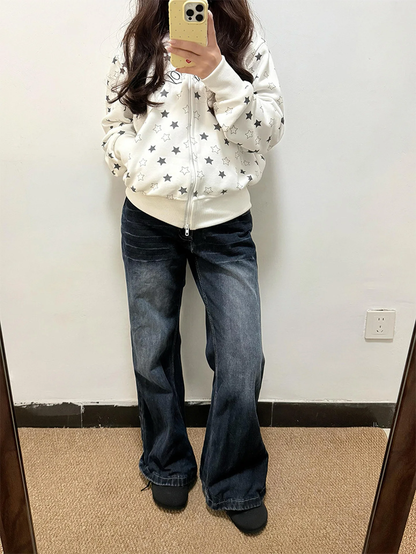 Amerykańskie dżinsy damskie z wysokim stanem, dopasowane, z podszewką, ciemnoniebieskie, jesienno-zimowe, nowa moda, spodnie z efektem obwisania.