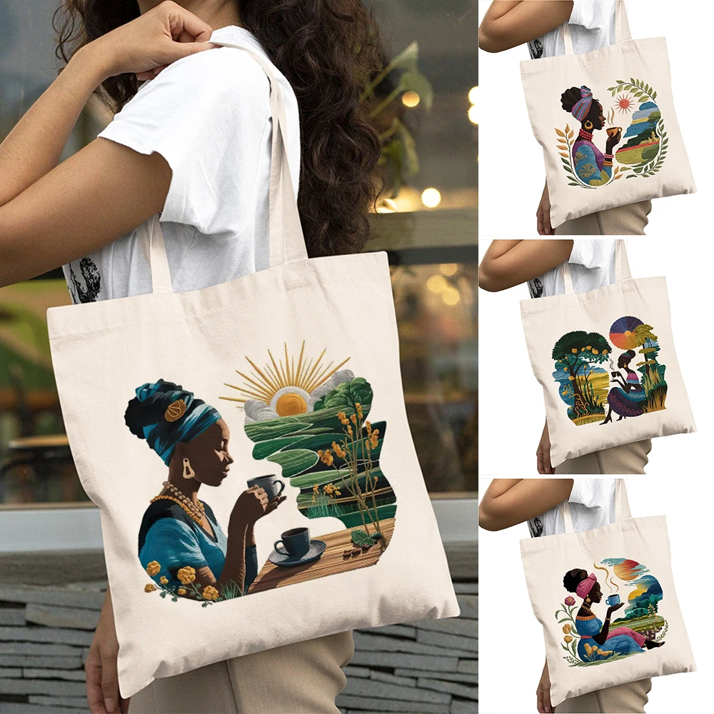 

Vintage African Art Lady Shopping Bag Nature Scene Women Daily Use Shoulder Handbag Double Print Exotic Pattern Girl Bags 40x45
