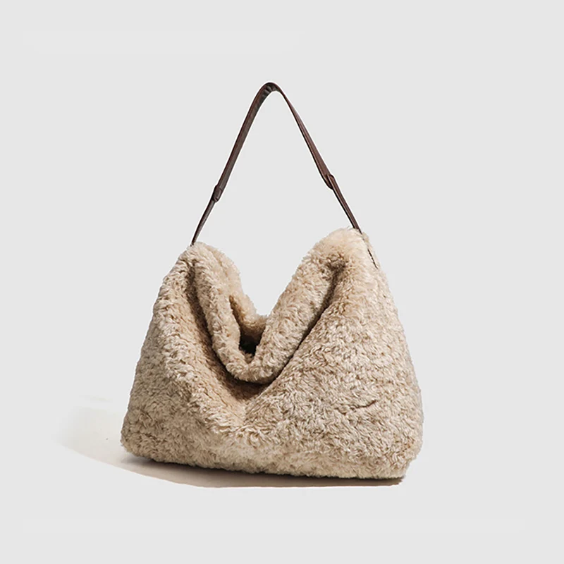 

New Fashion Autumn Winter Bags Luxury Women's Soft Plush Shoulder Bag Faux Lamb Wool Handbag Large Commute Work Female Tote Bag