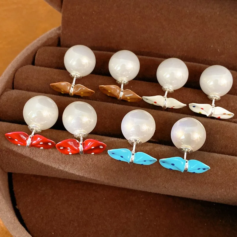 Polka Dot Enamel Bow Double Sided Imitation Pearl Stud Earrings Sweet Front Back Earrings Women Daily Fashion Jewelry