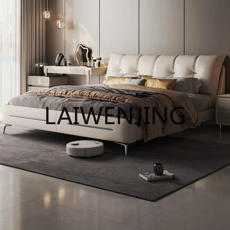 a-15 Leather Bed Primary and Secondary Bedroom Italian Style Light Luxury High Leg Solid Wood Double Marriage Bed