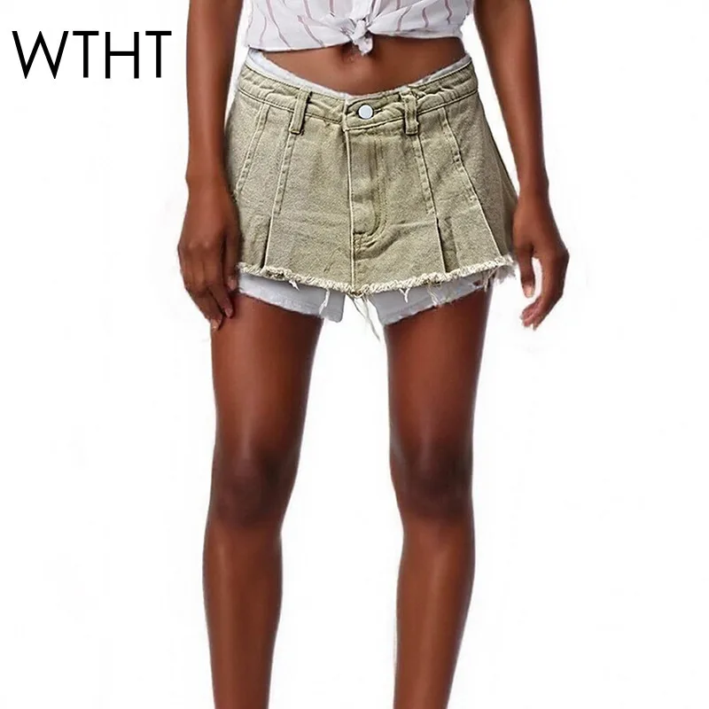 

WTHT New Fashion Women's Irregular Fake Two-piece A-line Mini Denim Skirts 2024 Autumn Trendy High Waist Skirt Female 1LS099