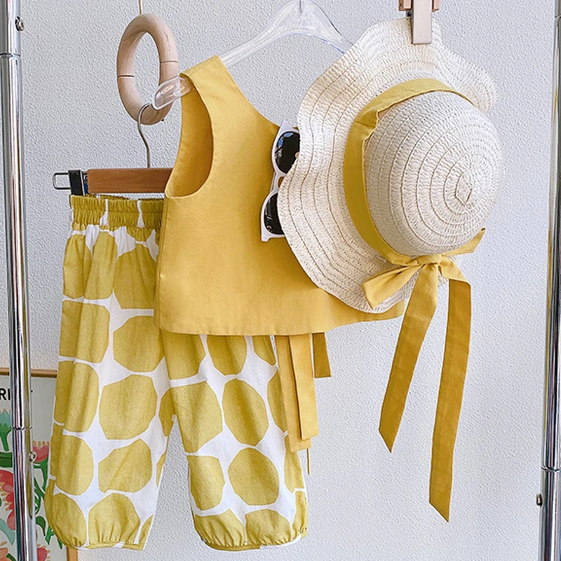 3PCS Summer Kid Girl Clothes Hat+Vest+Pant 3pcs Girl Suit Korean Style Children Clothing Fashion Cute Baby Outfit Toddler A1235