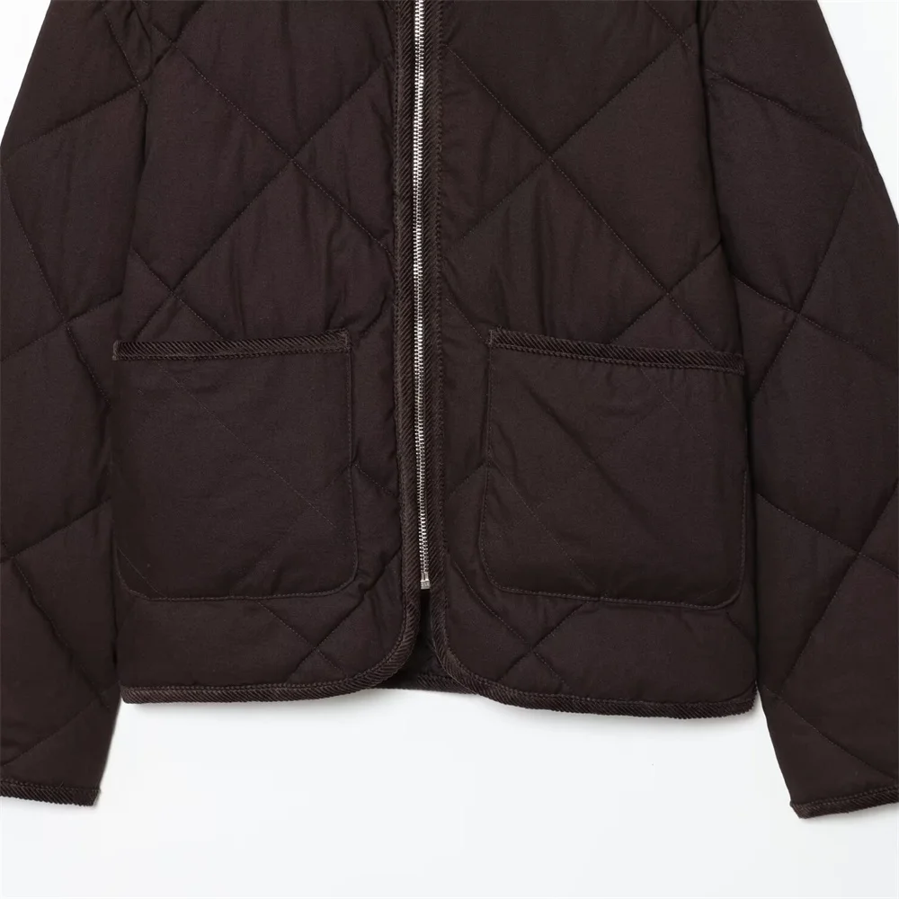 Otoño e Invierno nueva moda mujer Simple parche bolsa decoración cuello manga larga cremallera chaqueta acolchada abrigo