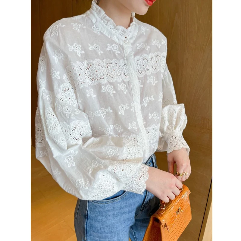 Women Hollow Embroidery Lace Ruffle Chic Elegant Shirts Fashion White Simple Casual Blouses Cotton Long Sleeve Loose Tops Blusa