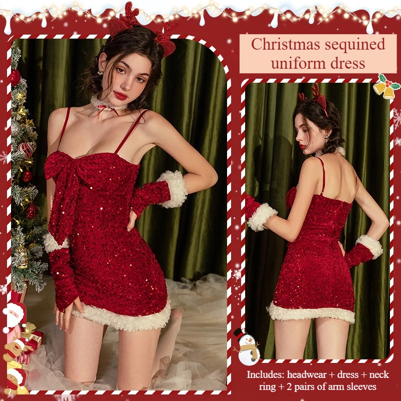 Women Christmas Theme Spaghetti Strap Bodycon Mini Dress Sparkly Detail Fuzzy Trim with Headwear Choker Arm Cuffs Party Outfit view 5