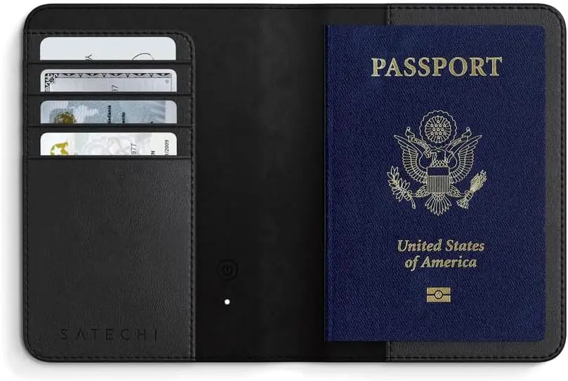 

Vegan Leather Passport Holder with Find My Tracker, Wireless Charging, RFID Protection, and 4-Card Slot for Secure Travel