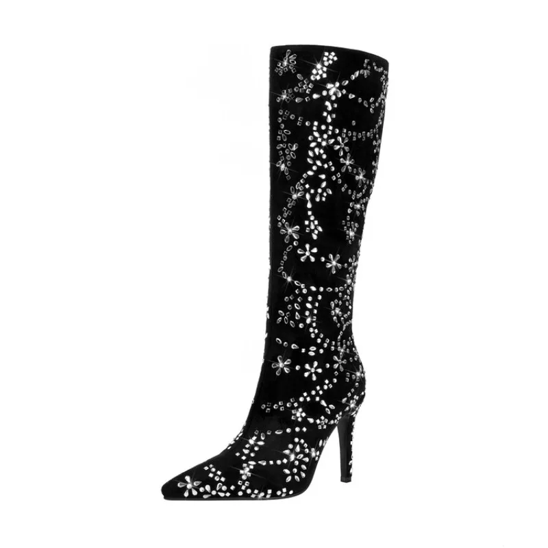 

2023 European and American Sexy Rhinestone Pointed Thin High Heel Side Zipper Show Boots Women's Retro Four Seasons Boots