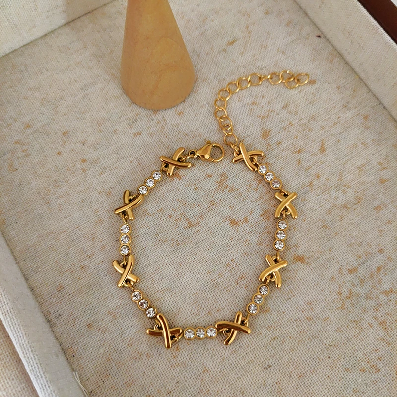 X shape cz stone chain bracelet stainless steel bracelet for women simple dainty jewelry elegant tarnish free jewelry waterproof