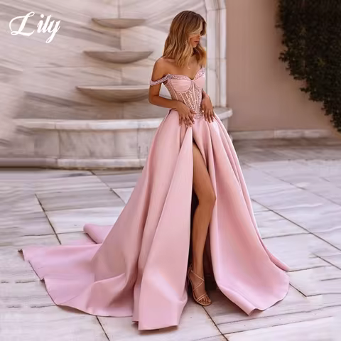 Lily Pink ALine Satin Prom Dress Off-The-Shoulder Beaded Corset Party Gown Sweetheart Formal Evening Dress حزب فساتين Customized