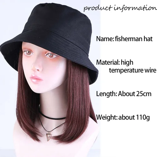 Imagen 2 del producto Sombrero de cubo sintético con gorro para el pelo, pelucas de sombrero de otoño Bob cortas y rectas a la moda para mujer, extensiones de cabello con Clip