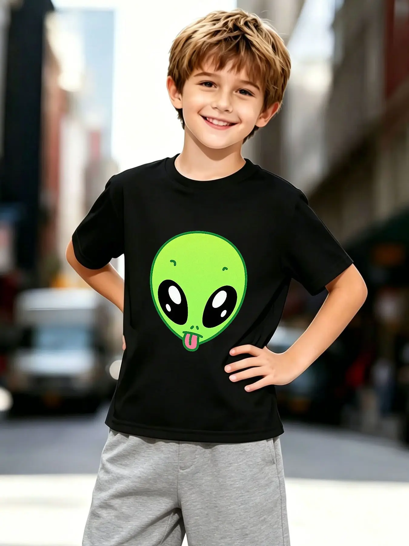 Cute Green Alien Face Space Cartoon Art Graphic Print Family Matching Short Sleeve Tee Boys Girls Kids Casual Daily Wear Tops