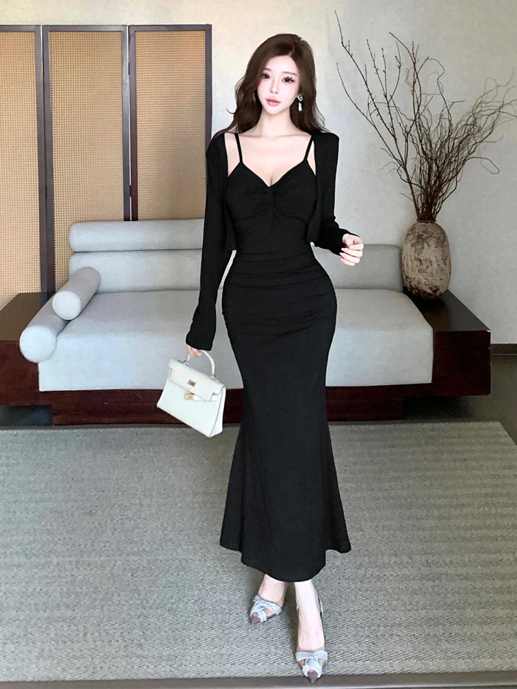 Purple Slim Fit V-Neck Long Sleeve Fish Tail Dress And Cardigan Two-Piece Set for Young Women Casual Style Autumn Fashion