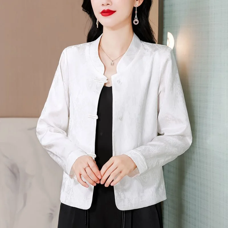 

Новый китайский стиль с воротником-стойкой и пуговицами, весна-осень 202, модный повседневный жаккардовый топ с длинными рукавами