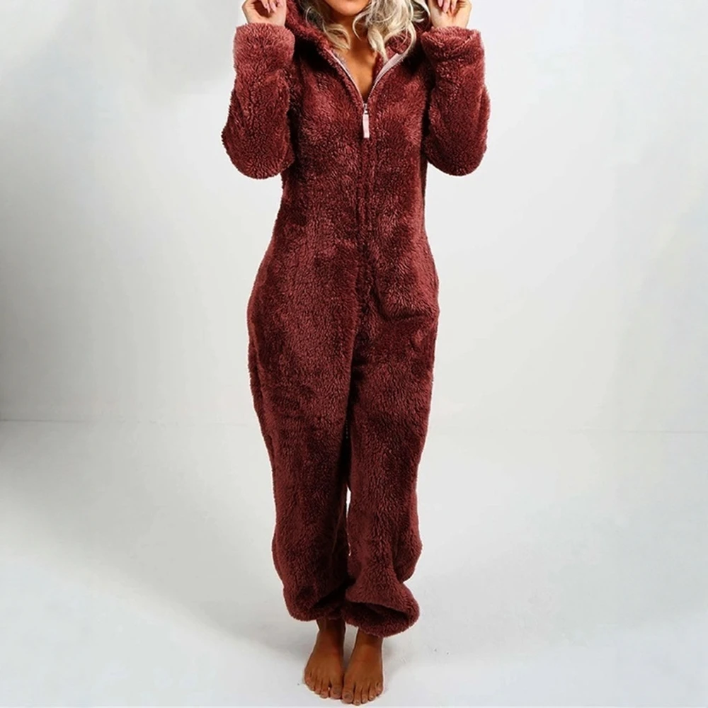 Macacões femininos outono inverno confortável zíper simples manga longa com capuz tornozelo casual macacão ajuste regular